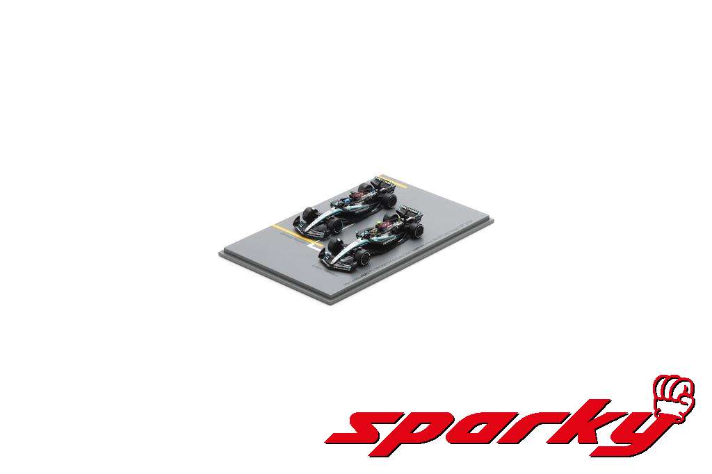 1/64 SET F1 2X W15 EQ PERFORMANCE TEAM AMG PETRONAS MOTORSPORT N 44 2nd LAS VEGAS GP 2024 LEWIS HAMILTON + N 63 WINNER LAS VEGAS USA 2024 GEORGE RUSSELL - BLACK SILVER GREEN - SPARKY -  SPA Y419