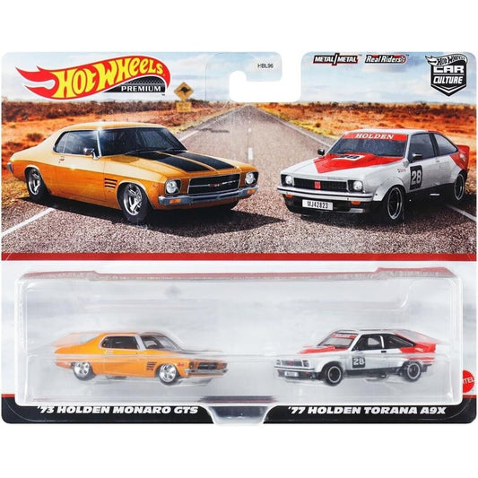 1:64 HOT WHEELS 2 PACK '73 HOLDEN MONARO GTS AND '77 HOLDEN TORANA A9X HKF50