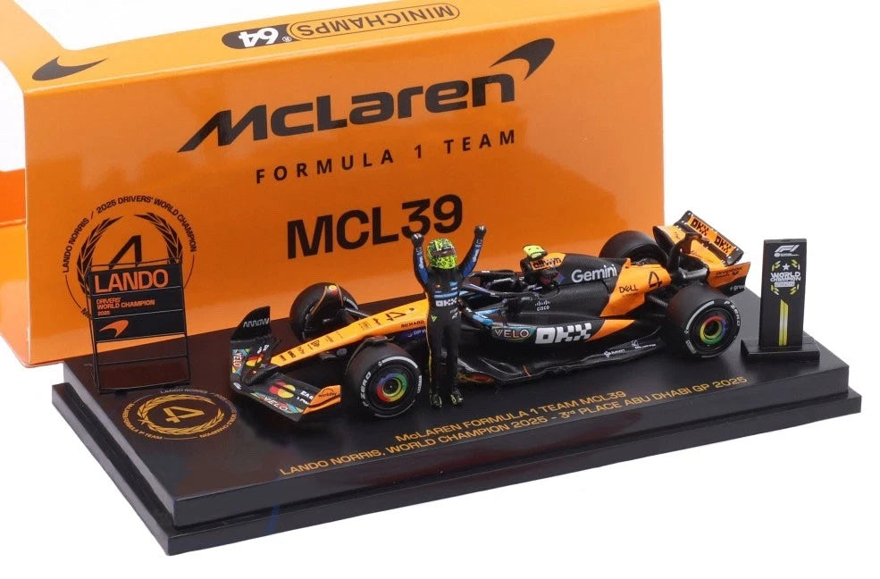 1/64 MCLAREN FORMULA 1 TEAM MCL39 - LANDO NORRIS - WORLD CHAMPION 2025 - ABU DHABI GP with Figurine & 2 Pitboards - Minichamps - 530 258704