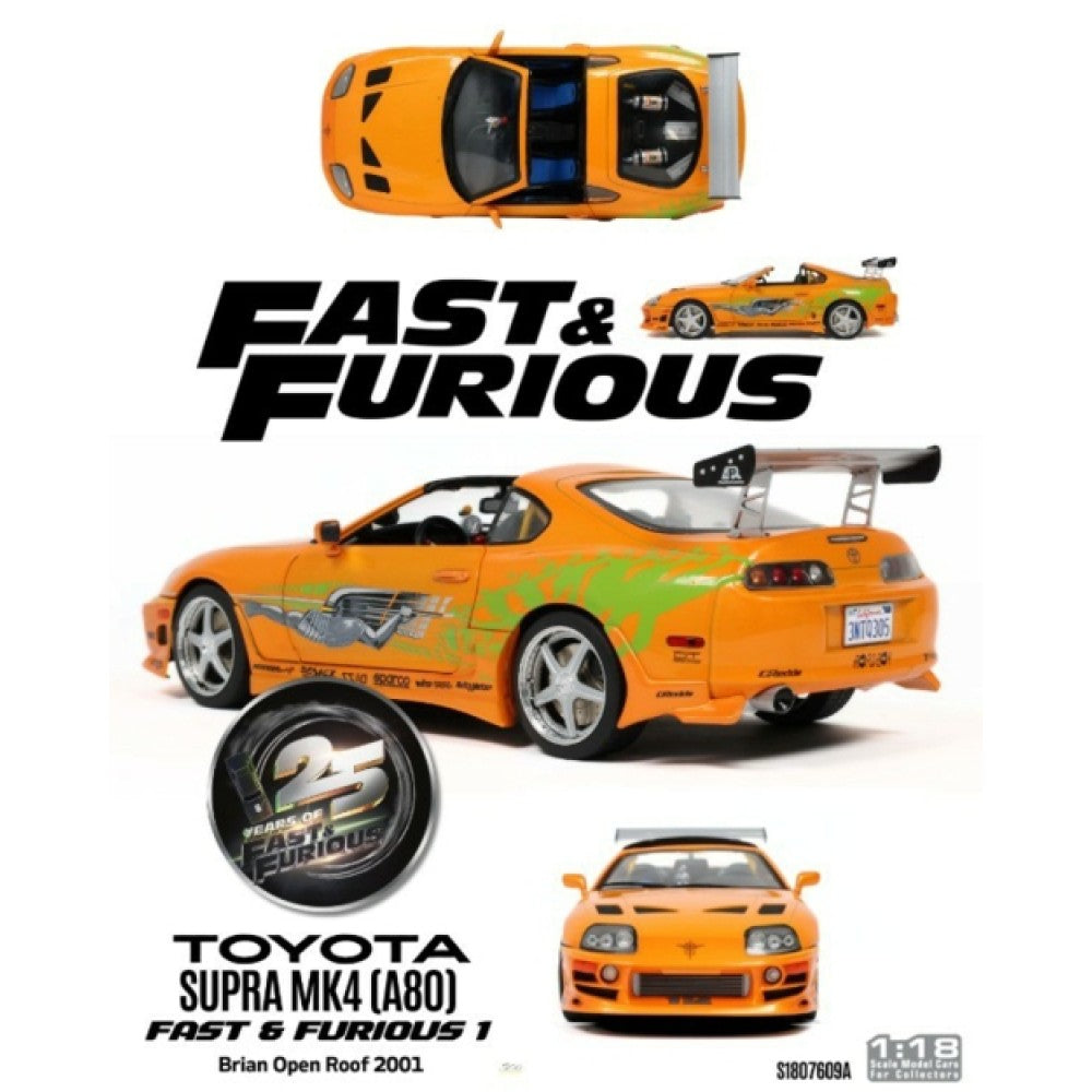 1/18 TOYOTA SUPRA MK4 (A80) FAST AND FURIOUS 1 BRIAN OPEN ROOF 2001 - Solido - 1807609A